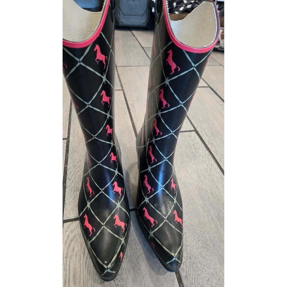 Bit & Bridle Womens Rubber Rain Boots Black Pink Horse Barbed Wire Western Sz 9